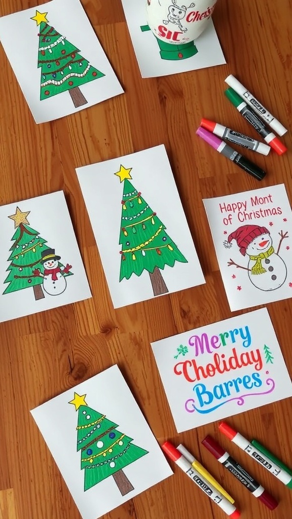 A collection of colorful handmade Christmas cards with marker designs on a wooden table.